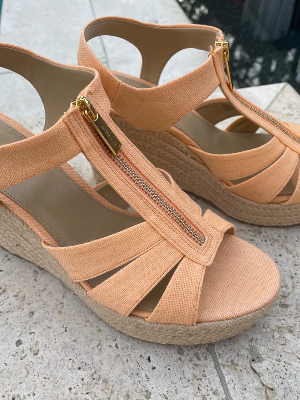 MICHAEL Michael Kors Peach Canvas Espadrille Wedge Sandals with Gold Zipper